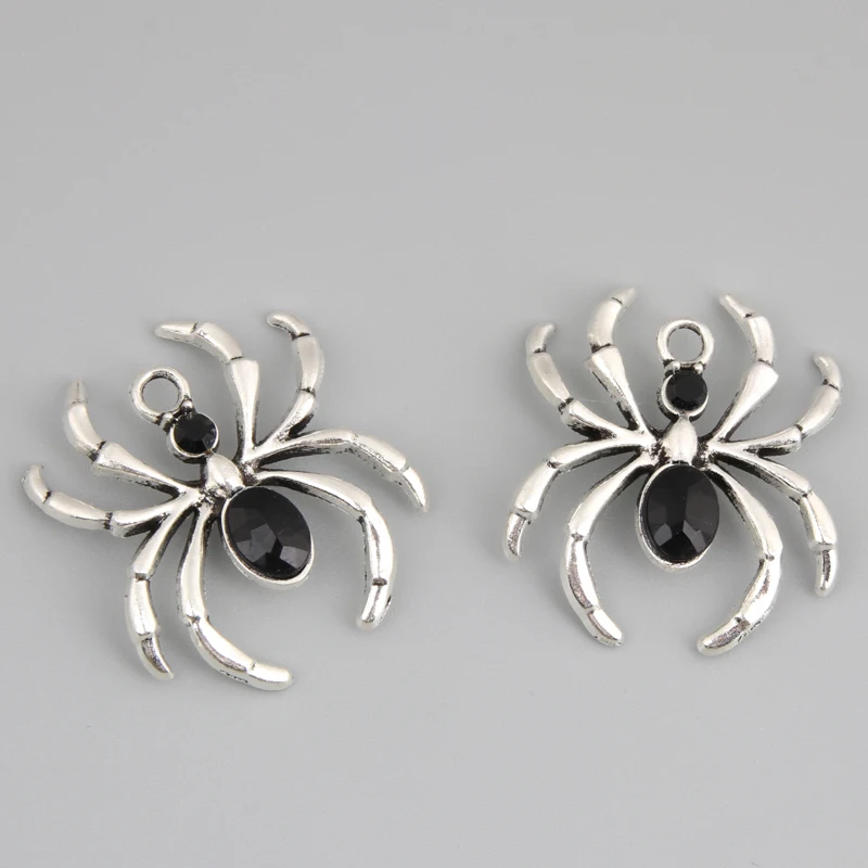 5pcs Silver Color 31x27mm Black Beads Spider Charms Araneid Animal Pendant Halloween Gift Fit DIY Handmade Metal Punk Jewelry