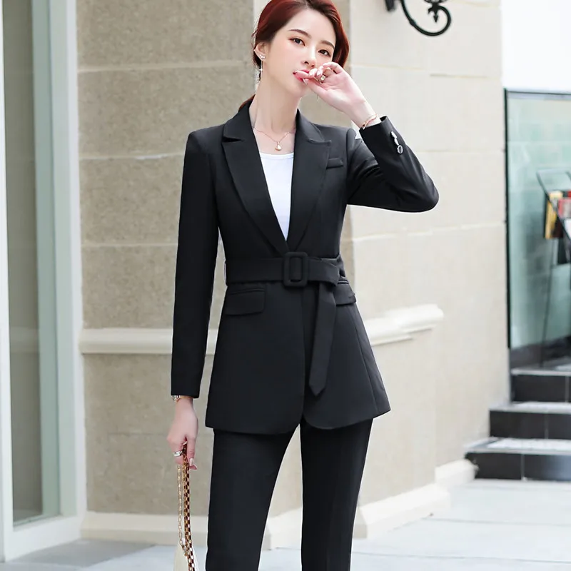 Blazer e calça de manga comprida feminino, faixa roxa, fino, temperamento, desgaste do trabalho de negócios, senhoras do escritório, moda, inverno