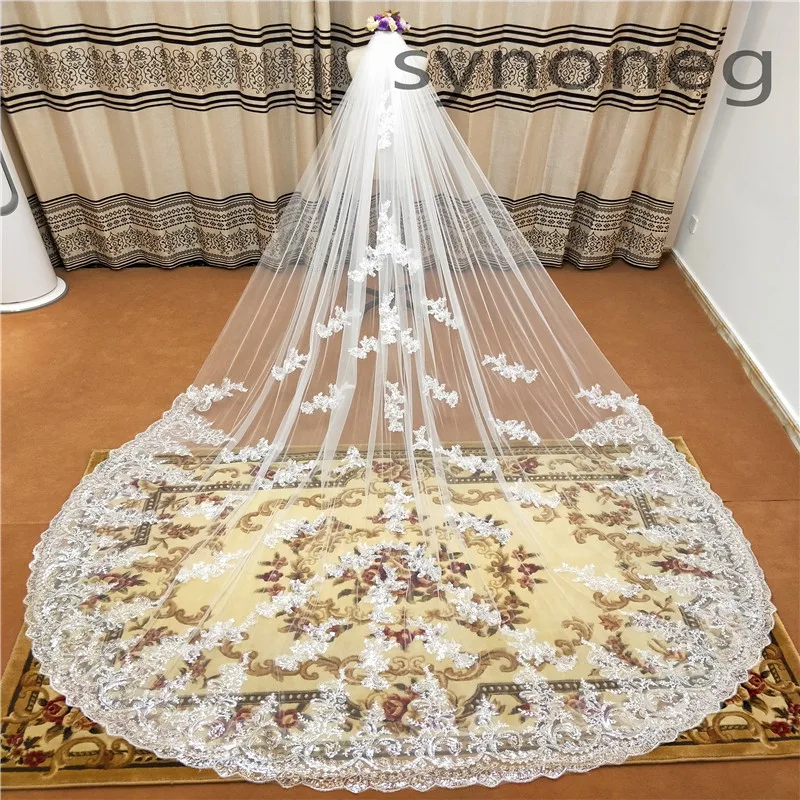 Real Photo Romantic 3 M Wedding Veil Cathedral One Layer Lace Appliqued Long Bridal Veils With Comb Woman Marry Gifts