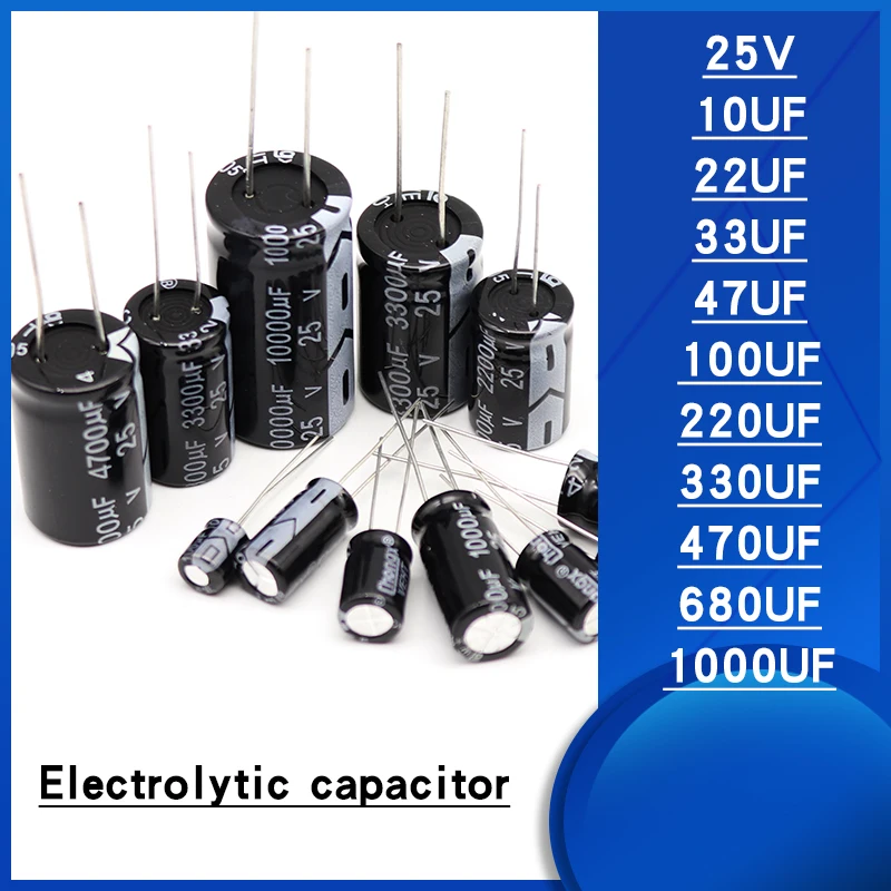 20pcs/lot Aluminium electrolytic capacitor 25V 10UF 22UF 33UF 47UF 100UF 220UF 330UF 470UF 680UF 1000UF Electrolytic capacitor