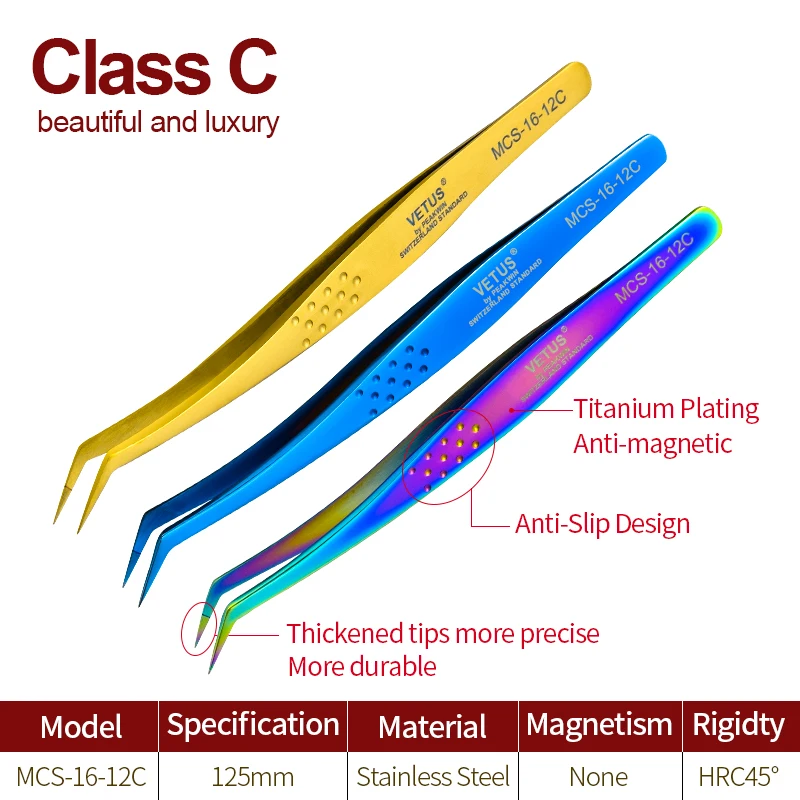 SONG LASHES 100% Vetus MCS Muitiple Sizes Single Pack Tweezers For Eyelash Extensions Stainless Steel  Anti-Magnetic Tweezers