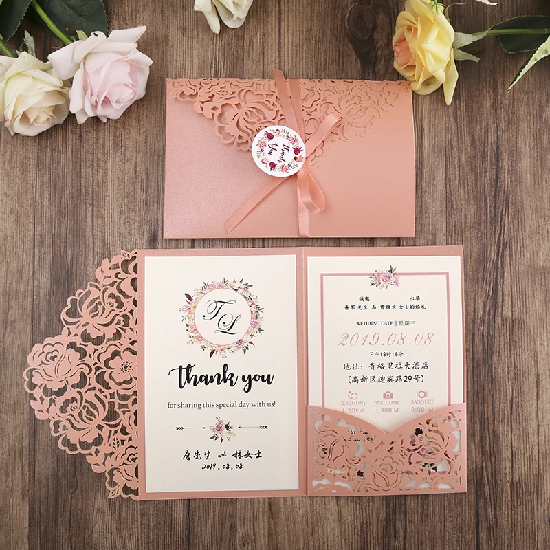 50pcs Laser Cut Wedding Invitations Pink Blue Pocket Burgundy Greeting Cards with Envelope Customized Party with Ribbon and Tag