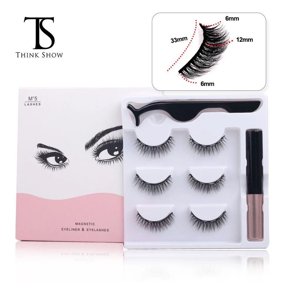 THINKSHOW 3 Pairs Magnetic Eyelashes Liquid Eyeliner & Tweezer Set &Magnetic False Eyelashes Waterproof Long Lasting Eye Lash