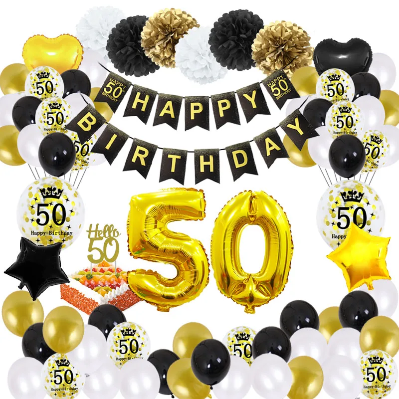 

51pcs/set Black Gold 50 Birthday Party Decorations 50 Years Anniversary Balloon Happy 50th Birthday Banner Decor Supplies