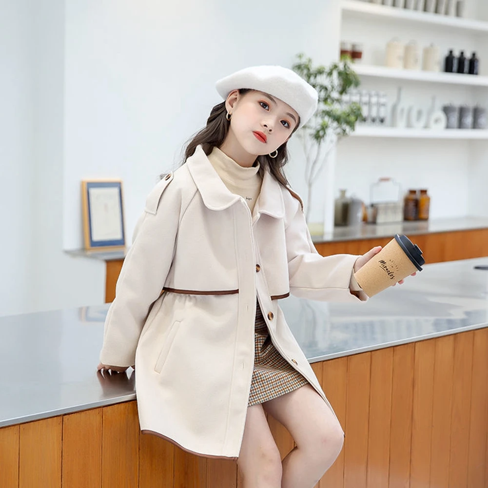 5-16Years Kids Woolen Solid Jackets for Girls Elegant Long Coat 2021 Autumn Winter Girls Thick Outerwear Children Overcoat 6 8 9