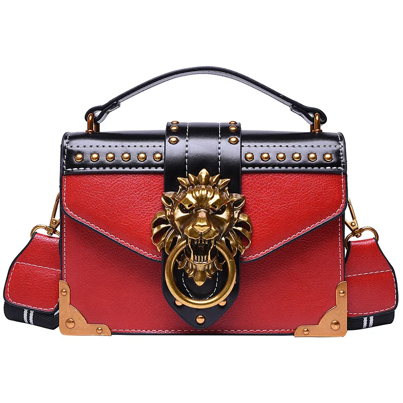 Retro Female Fashion Luxury Girls Handbags Crossbody Bags Woman Metal Lion Head Brand Shoulder Purse Mini Square Messenger Bag