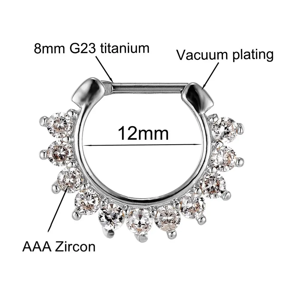 Big G23 Titanium Clicker Hoop with CZ Crystals Hypoallergenic Septum Nose Ring Helix Daith Earring Elegant Women Body Jewelry