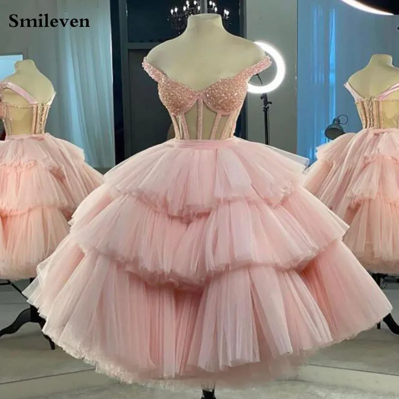 Smileven Pink Sweetheart Short Prom Dress Ball Gowns Off Shoulder Beaded Crystal Evening Dresses Tiered Knee Length Party Gown