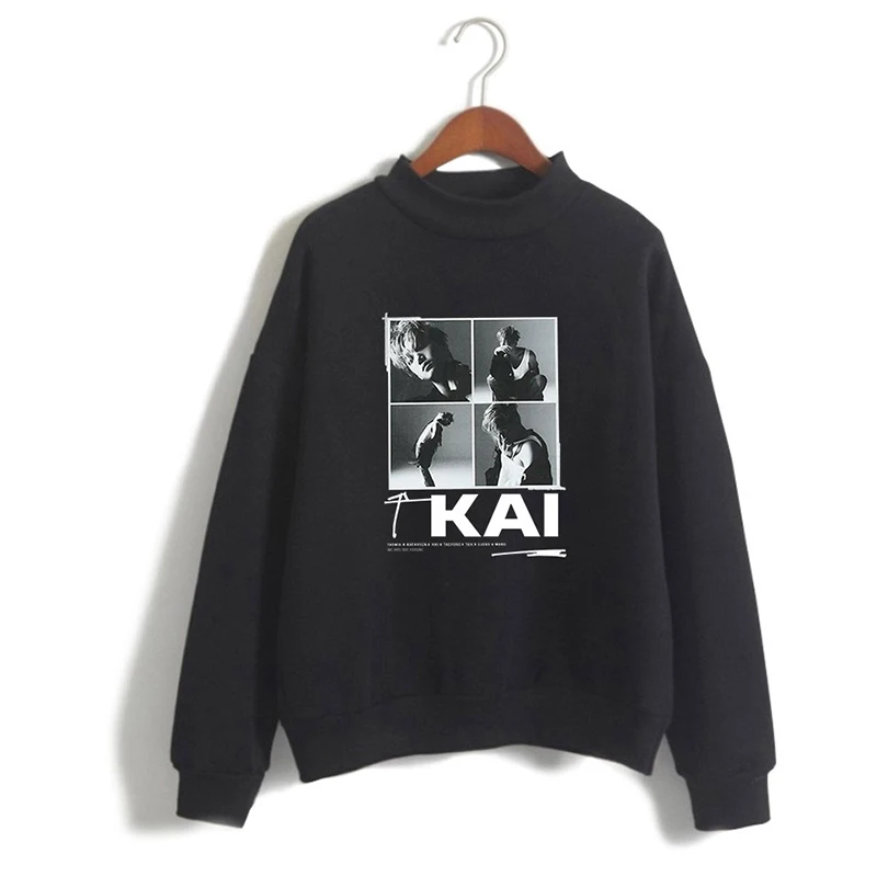 

KAI Super Kpop High Collar Hoodies Men Women Capless Sweatshirts Casual O-neck Long Sleeve Male Hoodie Pullover Black White Tops