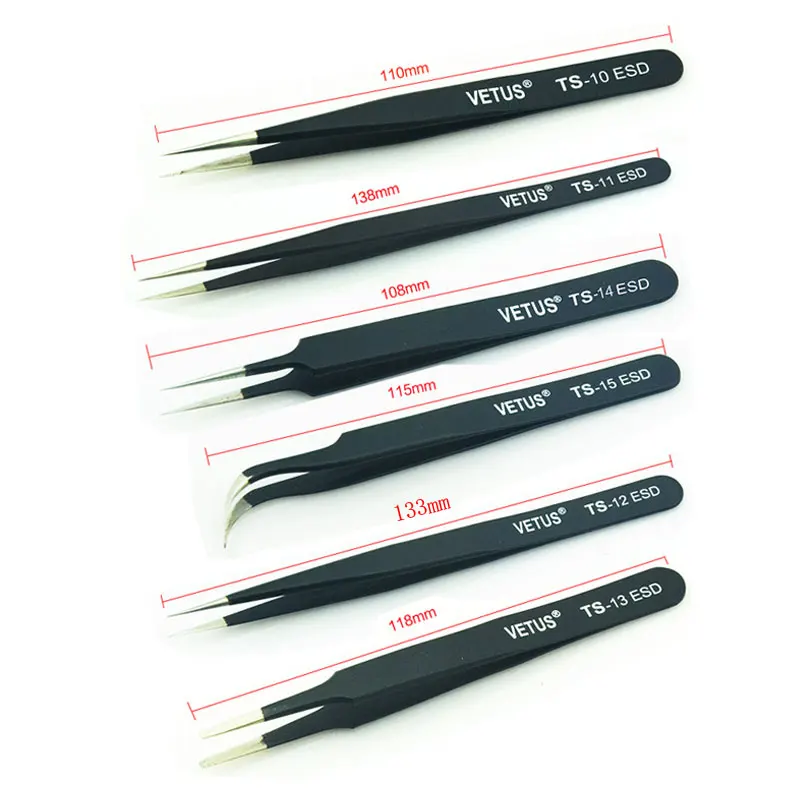 VETUS TS ESD Black Eyelashes Tweezers Anti-static Professional Volumn Eyelash Extension Eyebrow Stainless Steel Makeup Tweezer