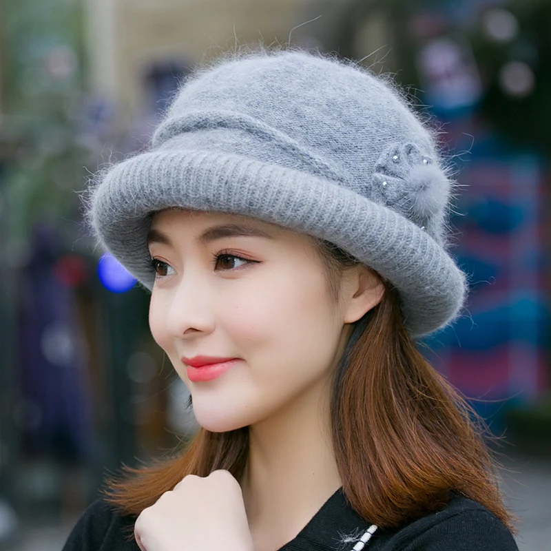 H7765 Rabbit Hair Bucket Cap Women Autumn Winter Warm Mother Old Lady Thicker Knitting Fisherman Hat Grandmother Elegant Hats