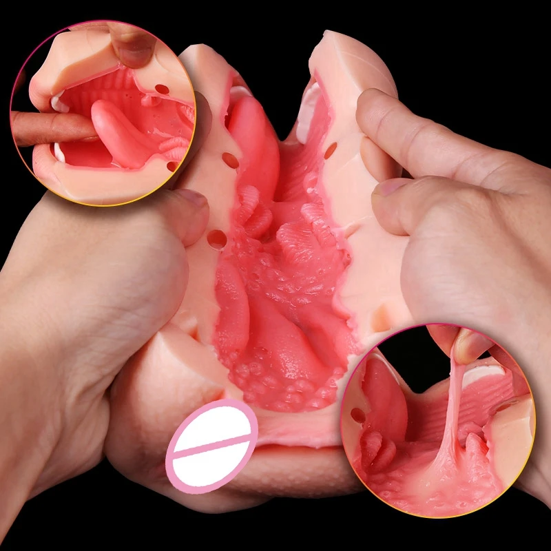 Sex Toy for Men real Realistic Vagina Oral Mouth Artificial Deep Throat with Tongue Teeth Silicone Male Masturbator Pocket Pussy