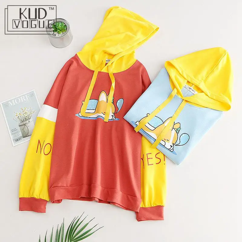 Kawaii Sweatshirts Women Girls Pullovers Sweet Teens Tops Cartoon Animal Corgi Dog Hooded Long-Sleeve Female Hoody Spring Autumn