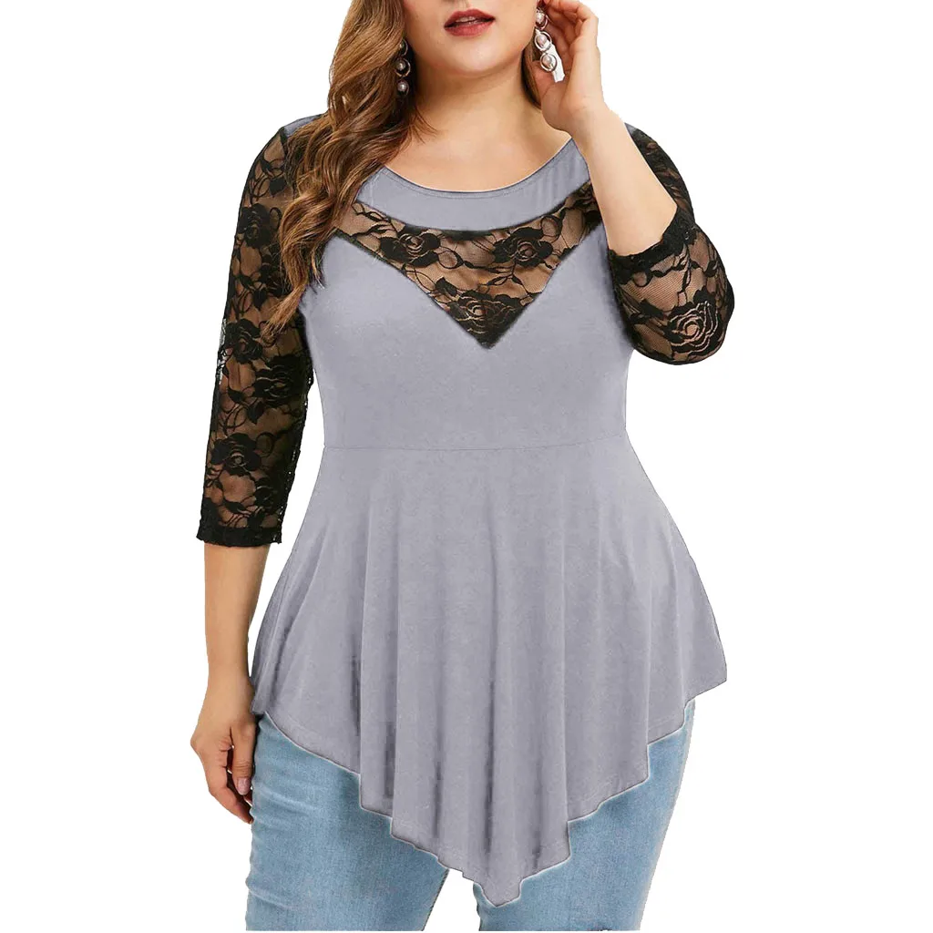 

Plus Size Women Blouse Solid Floral Lace O-Neck Asymmetric Top Women Three Quarter Tops Female Short Sleeve Blusas Pullover