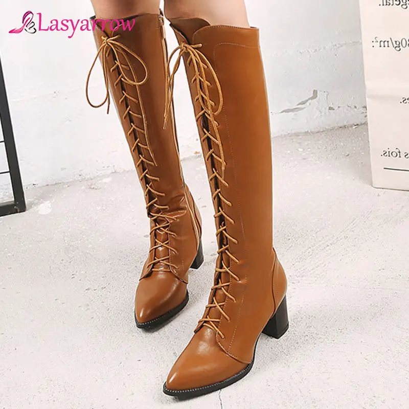 Lasyarrow Women Motorcycle Boots Pointed Toe Chunky Heel Riding Boots Shoes Female Lace Up Knee High Boots Black Brown Size 48