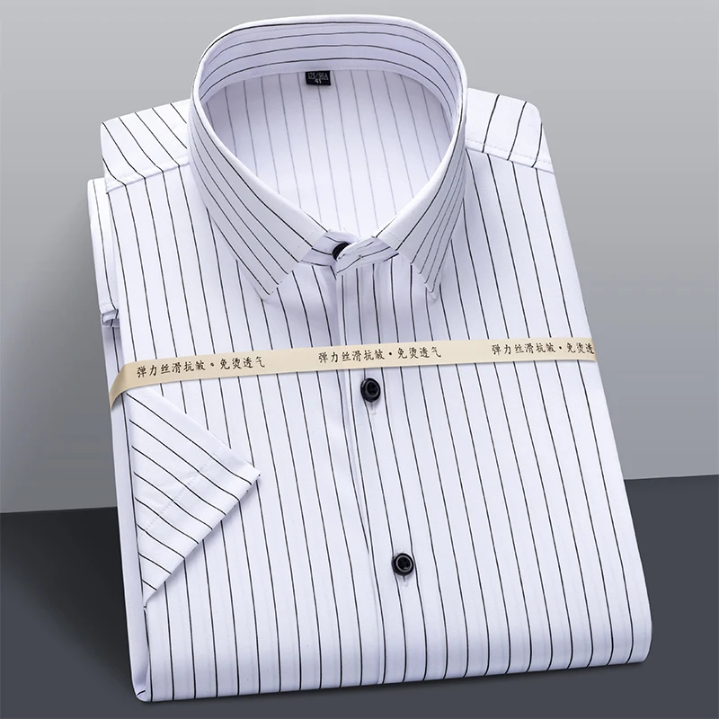 Men\'s Summer Short Sleeve Stretch Striped Dress Shirts Standard-fit Formal Business Wrinkle Resistant Thin Classic Basic Shirt