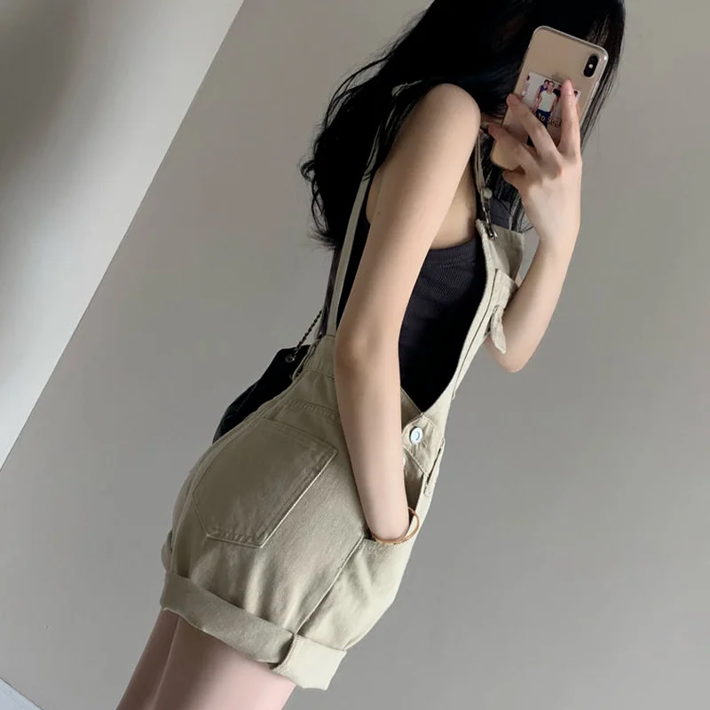 Rompers Women Harajuku Pure All-match Trendy Preppy Chic Clothes Retro Summer Denim Khaki High Waist Streetwear Straight Leisure