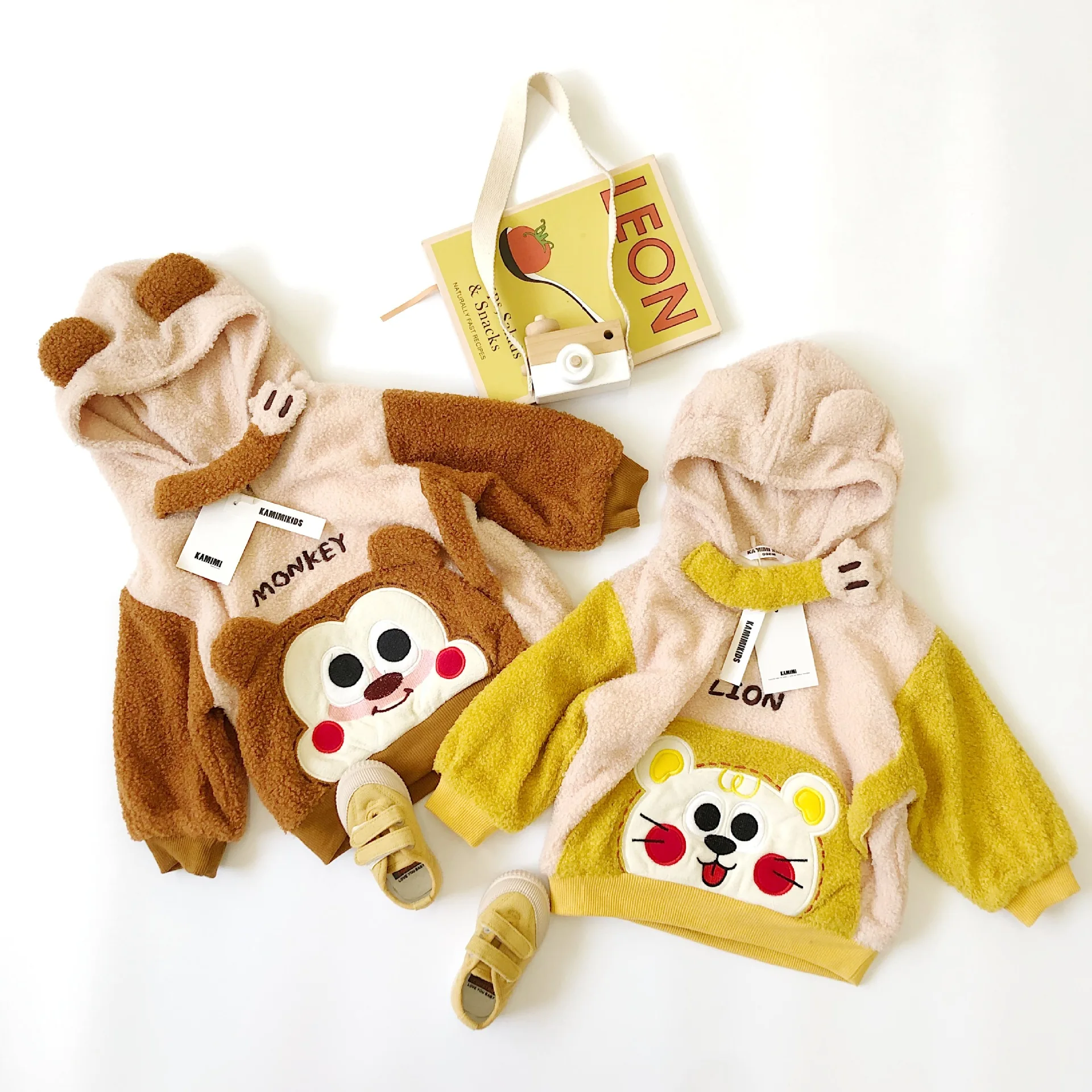 Tonytaobaby Winter Cute Foreign Style Plush Monkey Lion Plush Hoodie Children's Wear