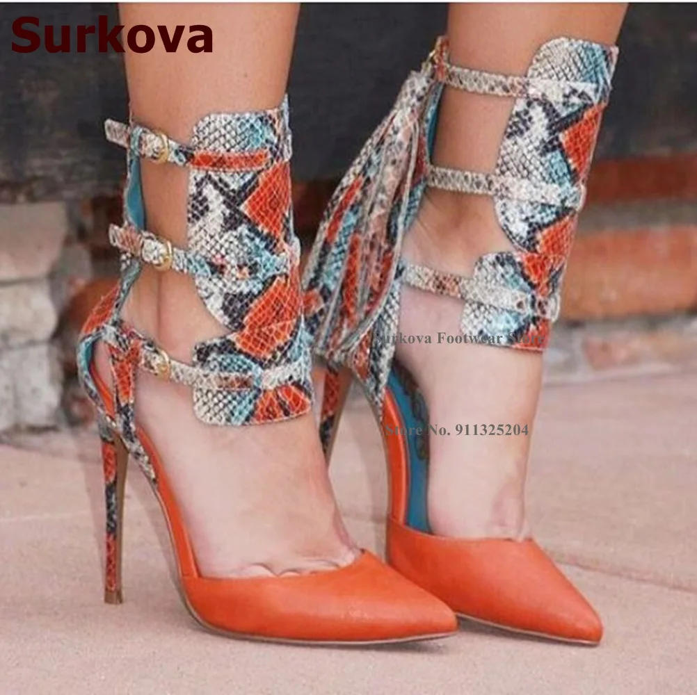 

Surkova Orange Black Pointed Toe Fringe High Heel Shoes Multi Snakeskin Buckle Strap Tassel Dress Pumps Size46 Banquet Footwear