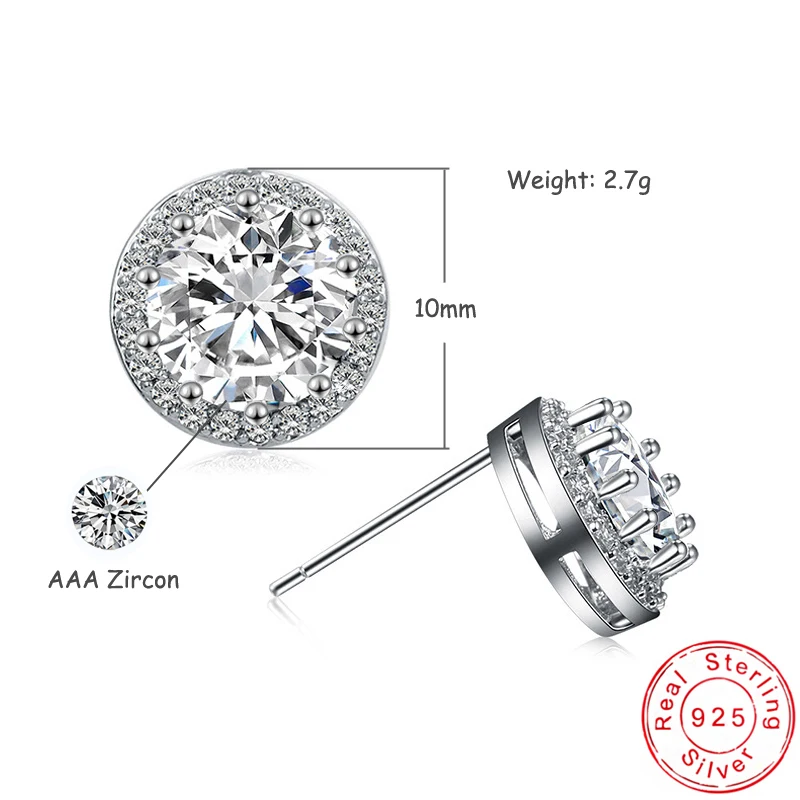 New Fashion Exquisite AAA Zircon 10MM Round Stud Earrings 925 Sterling Silver Wedding Crystal Ear Stud For Women Jewelry Gift