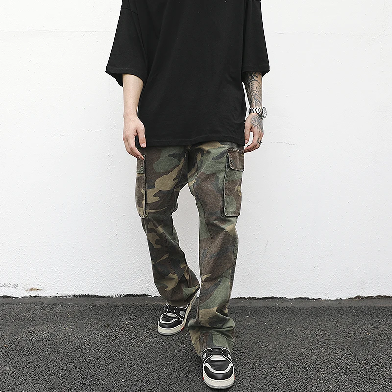 

Streetwear Mens Hip Hop Camouflage Flare Pants Fashionable Camo Cargo Pants Male Slim Fit Camouflage Trousers Women All-match