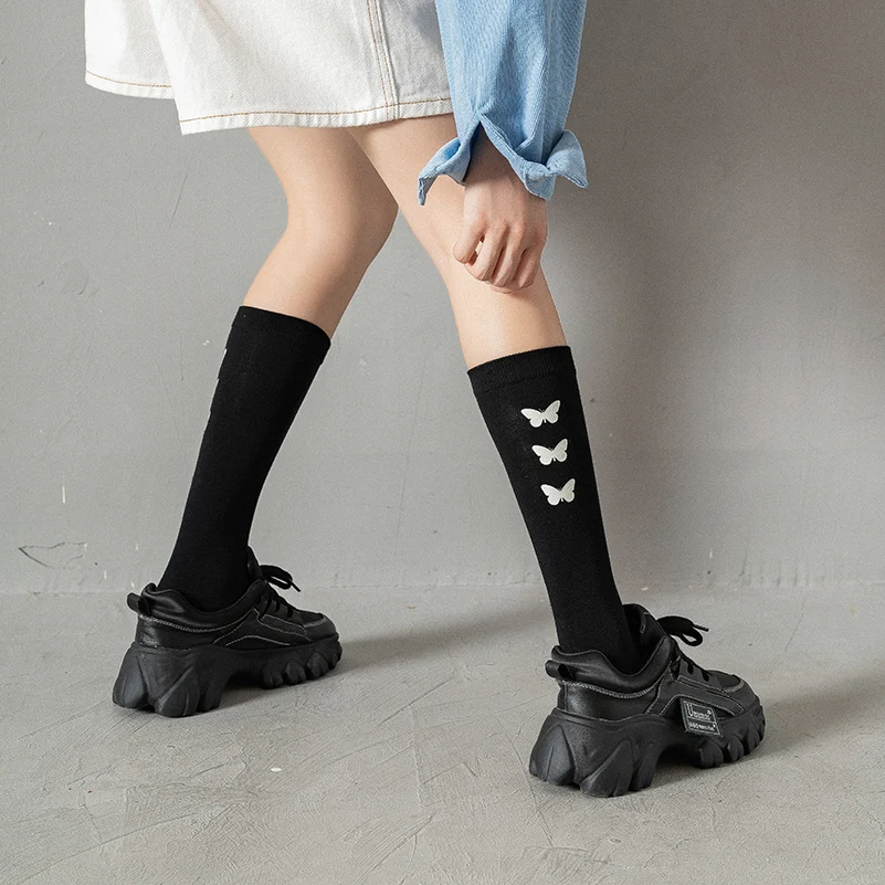 New Women Fashion Long Crew Cotton Black Socks Butterfly Luminous Stockings Female Urban Trendy Glowing Socks Autumn And Winter