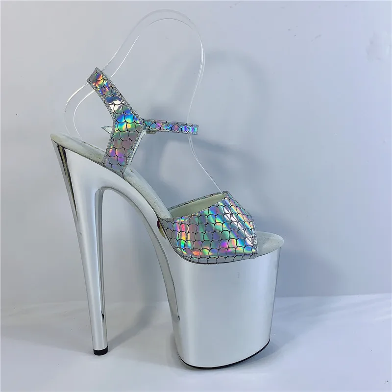 8 inch high heel banquet stage shoes, fish scale upper silver plating 20 cm stiletto sandals, sexy model pole dancing shoes