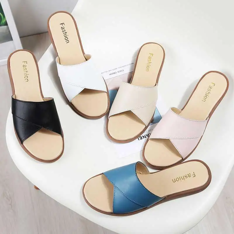 Slippers Women Summer Genuine Leather Cow Leather Shoes Woman Flats Slides High Quality Fashion Slippers Ladies Plus Size Shoes