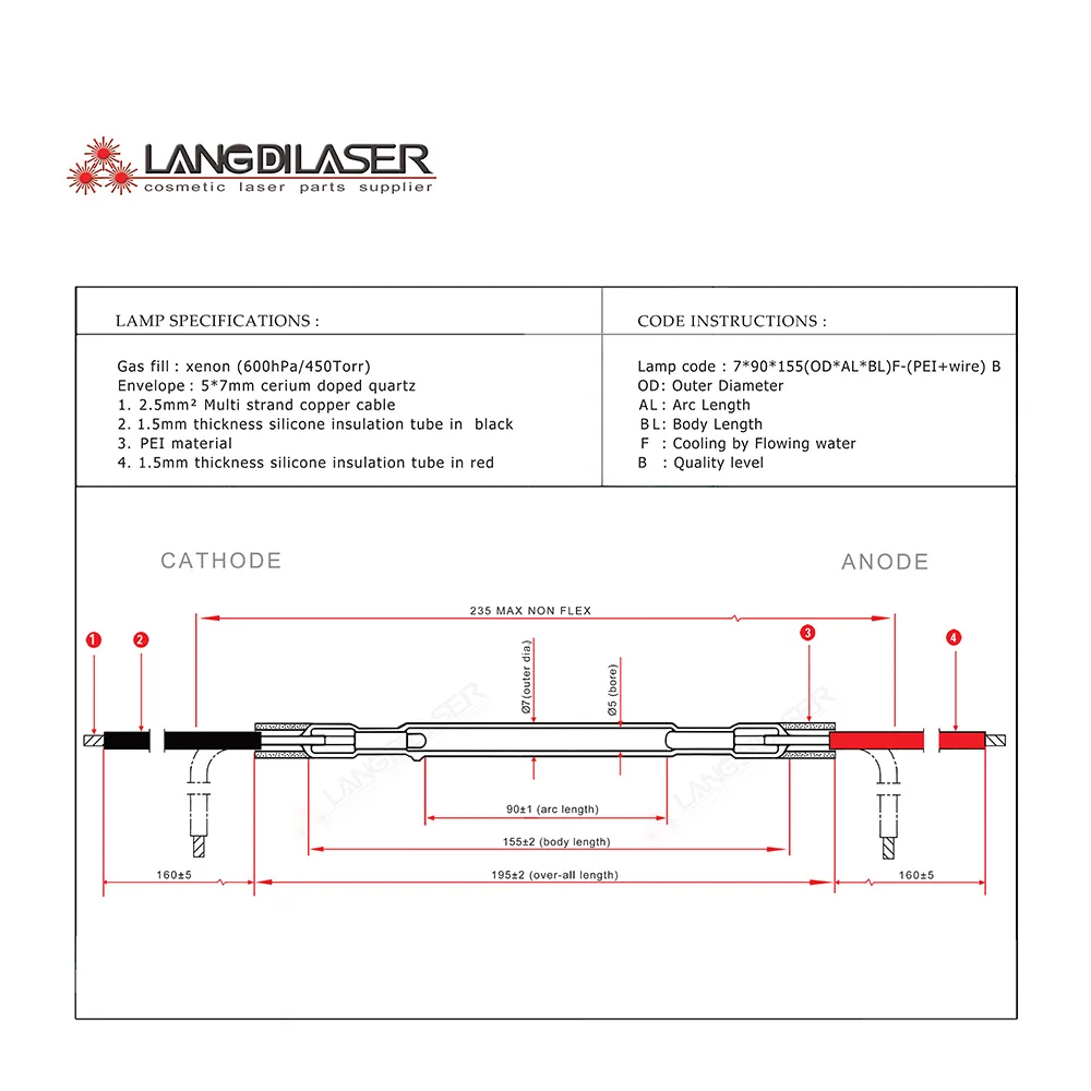 xenon flash pump lamp , size : 7*90*155*195F - (PEI+ wire) , for nd:yag laser , xenon flash lamp for alexandrite laser