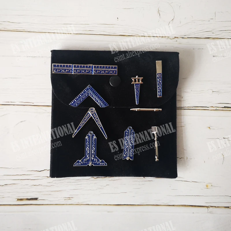 

Set of 9 different black Masonic Working Tools Badge with velvet Bag Mason Freemason Miniature Freemason Gifts