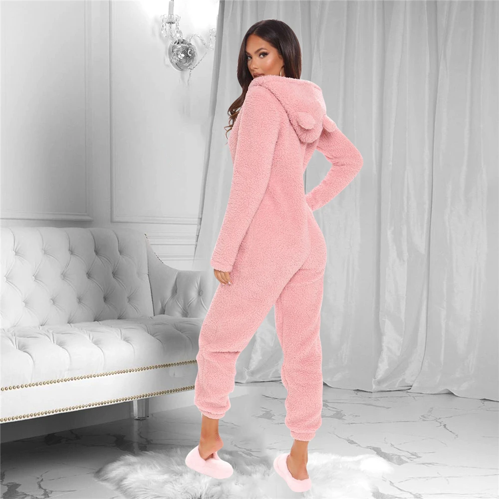 Velvet Fleece Jumpsuits For Women 2021 Autumn Winter One Piece Outfit Women Hooded Romper With Zipper Winter Cute Plush Pajamas