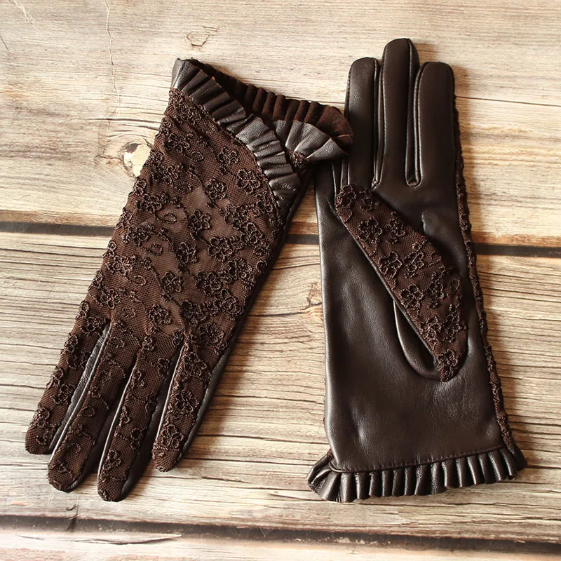 Guantes de piel de oveja para conducir, guantes de cuero para pantalla táctil, de una sola capa, sin forro, finos, a la moda, estilo de encaje