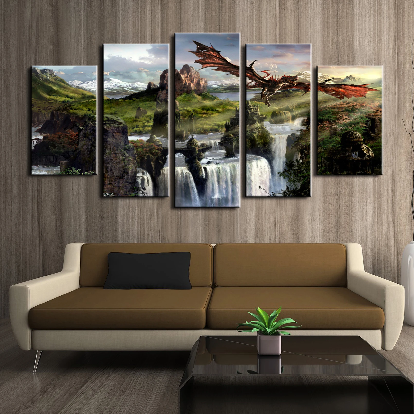 No Framed 5 Panel Mountain Flying Dragon Skyrim Games HD Wall Art Canvas Posters Pictures Paintings Home Decor for Living Room