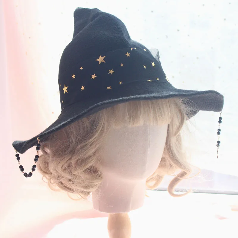 Vintage Star Magia Gothic Girl cappello Da Mago Lolita Halloween Cappello della Strega Accessori Puntelli Catena del Branello Fiocco Rosa Del Partito Ha Raggiunto Il Picco Cap