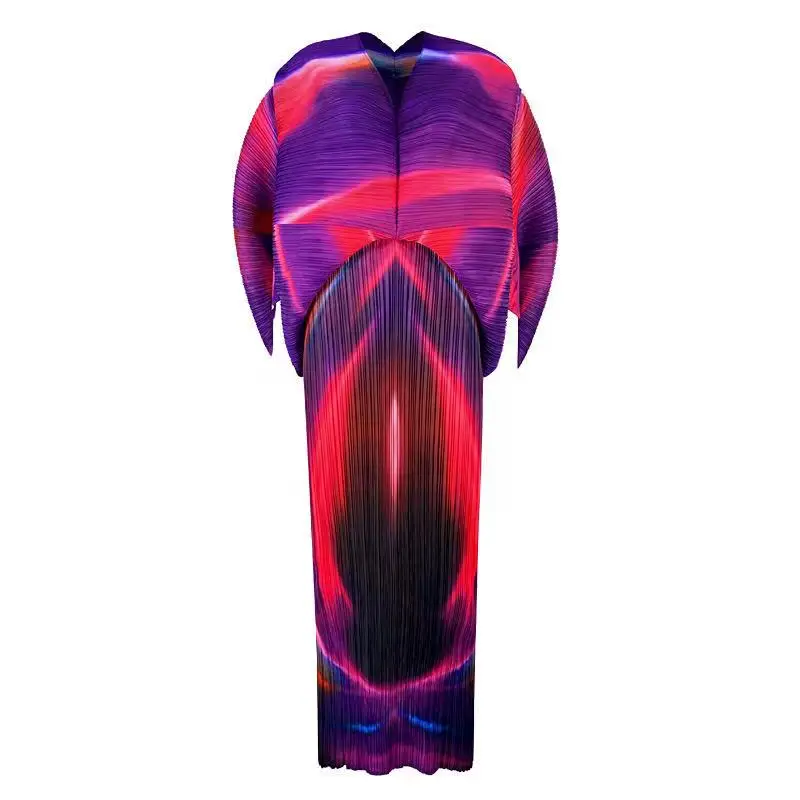 European Station Miyake Pleated Gradient Bat sleeve V-Neck Aurora Print Dress 2023 Spring And Autumn Pleated Dress 90023#