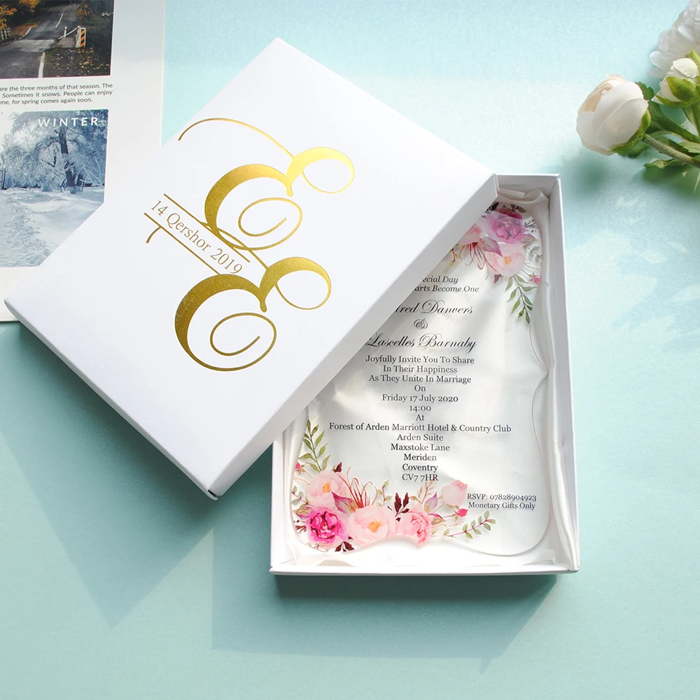 

10pcs Luxury High Class Romantic Acrylic Wedding Invitation Card Hot Sell,flower Wedding Cards With Box