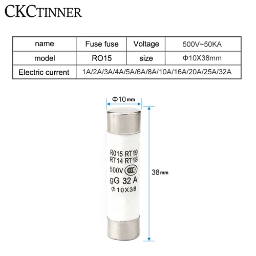 Imagen 2 del producto 10 Uds 10*38 fusible cerámico de soplado rápido 10x38mm fusible 500V 1A 2A 3A 4A 5A 6A 8A 10A 16A 20A 25A 32A RO15 RT19 RT14 RT18