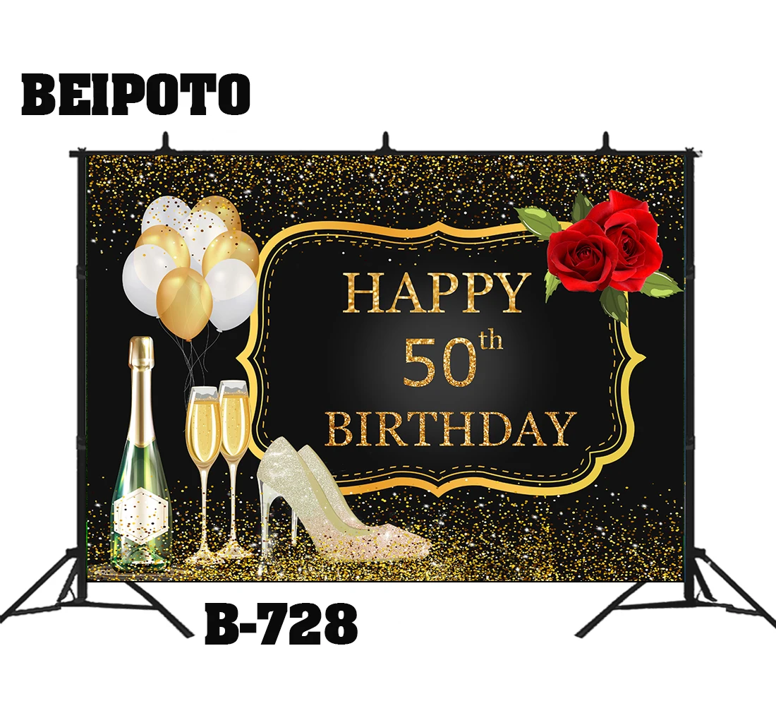 Fondo fotográfico de fiesta para mujer, telón de fondo de 50 cumpleaños, globo dorado, rosa, zapatos de tacón alto, champán, purpurina de lujo