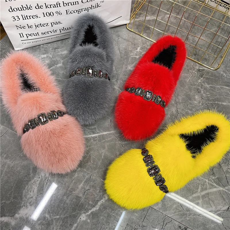 2024 New Women Winter Warm Flats Comfortable Loafers Mink Fur Espadrilles Ladies Driving Smoking Fur Shoes Woman Moccasins