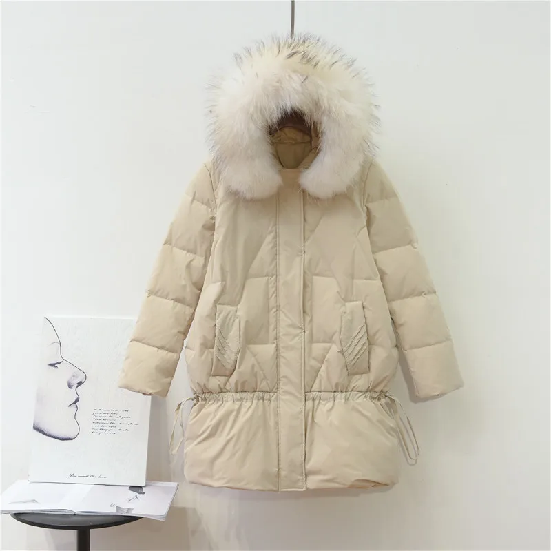 Abrigo de plumón para mujer, chaqueta con capucha de piel de mapache Real, chaqueta de plumón de pato coreana 2019, abrigo largo y cálido, invierno, W1628, 90%