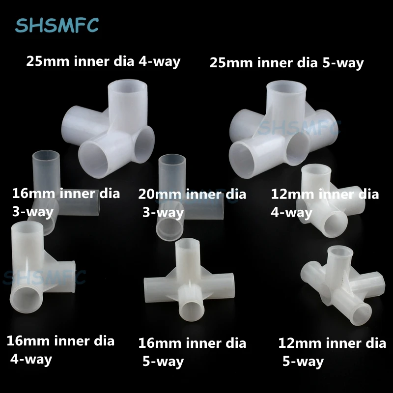 2-10Pcs Plastic Inner Diameter 12mm 16mm 20mm 25mm PE Tee Connector Four Five Way Joint Pipe Adapter Wardrobe Fittings Shelf DIY