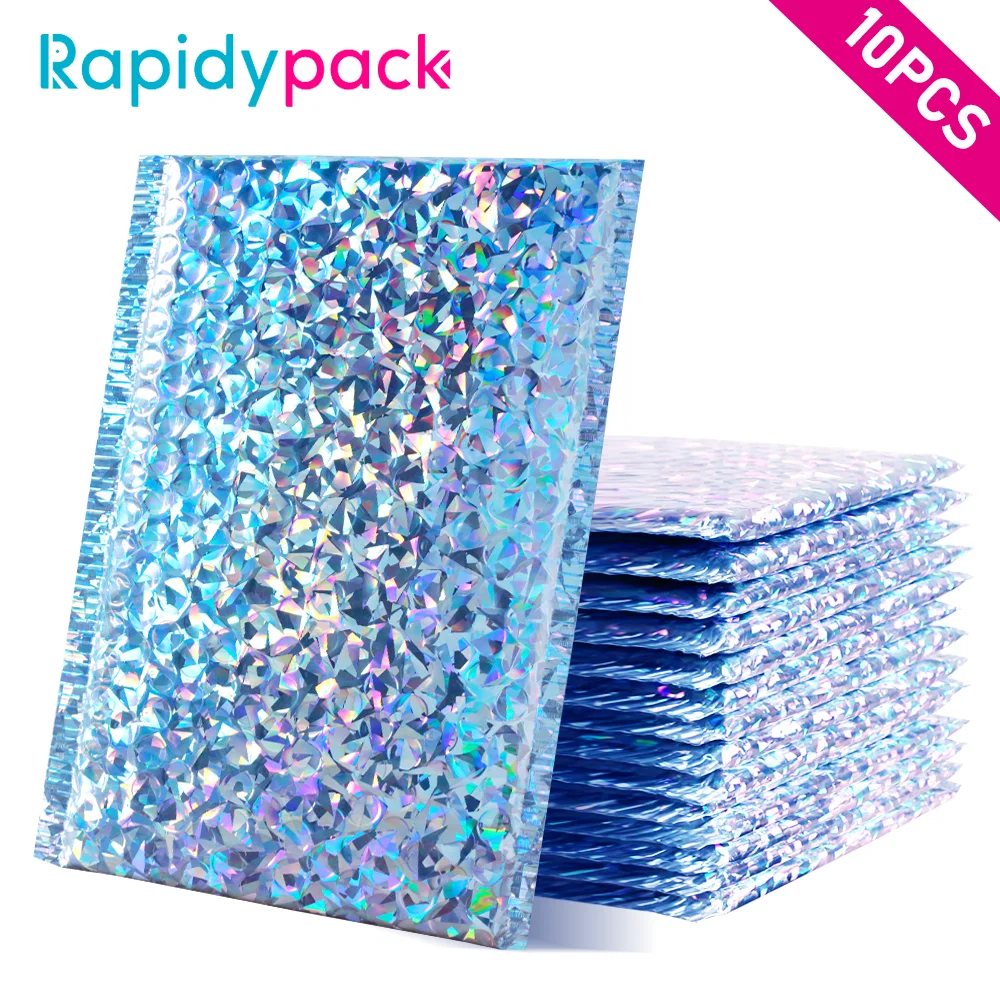 Paquet de 10 enveloppes rembourrées en plastique, emballage Laser argenté, enveloppe d'expédition à bulles, feuille métallique, sac cadeau, sacs de courrier