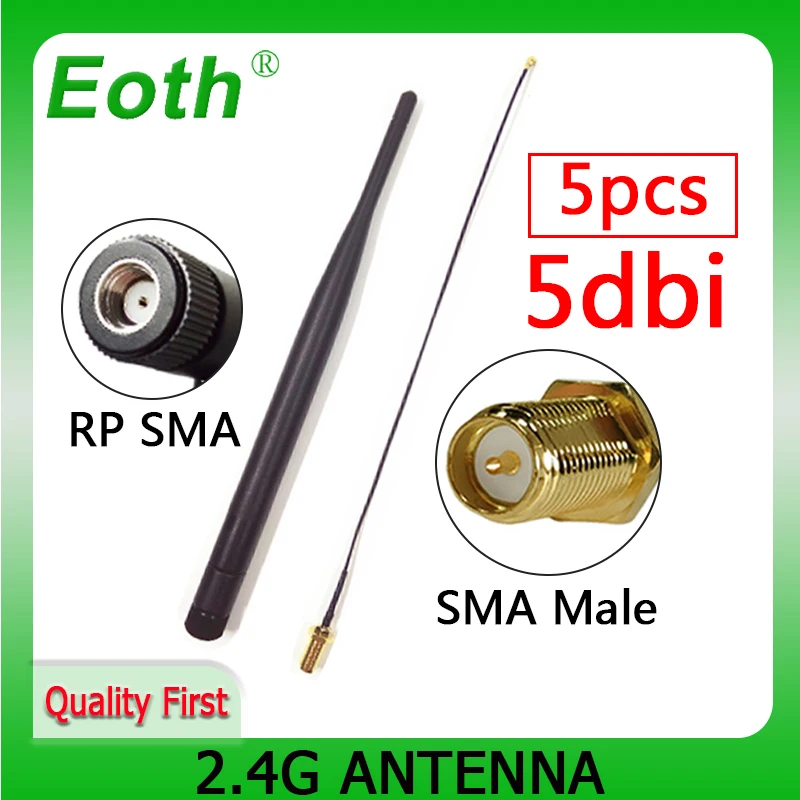 

EOTH 5pcs 2.4g antenna 5dbi sma female wlan wifi 2.4ghz antene IPX ipex 1 SMA male pigtail Extension Cable iot module antena