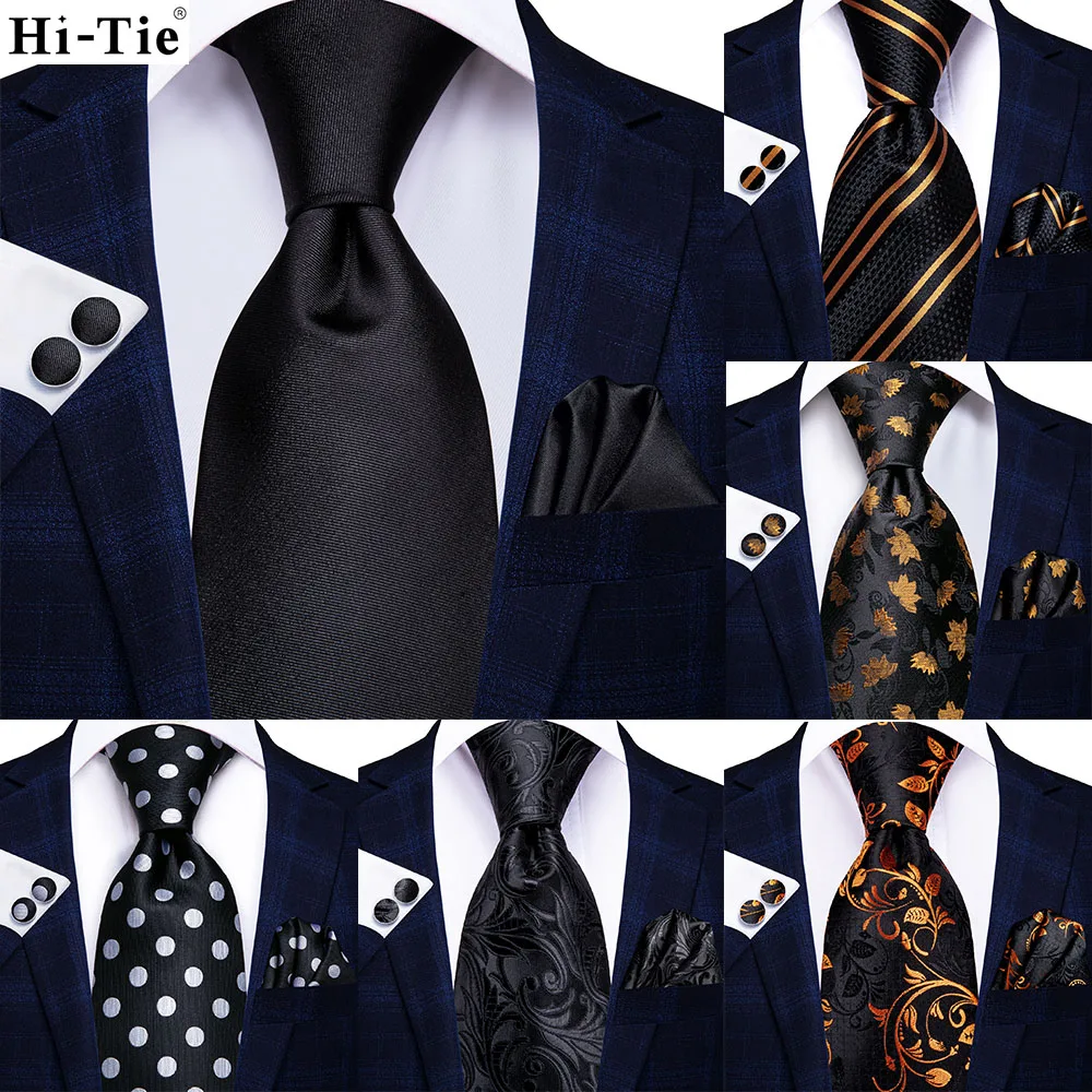 Hi-tie Black White Solid Silk Wedding Tie For Men Hanky Cufflink Gift Men Necktie Gravata Fashion Designer Business Dropshiping