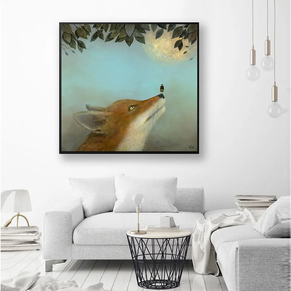 Woodland Nursery Animals fox Bee Wall Art Full Moon Canvas Painting Nordic Posters And Prints Wall Picture For Living Room Decor