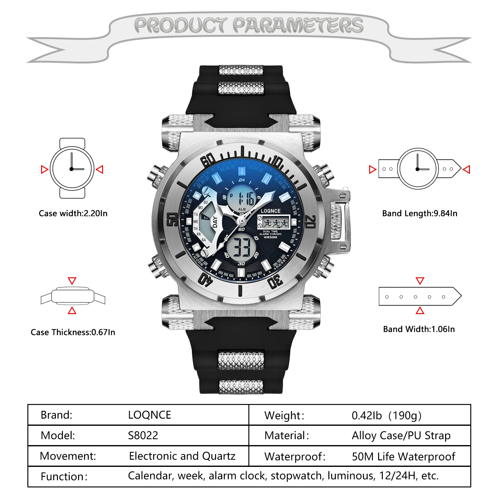 LOQNCE S8022 New Men's Watch Quartz Electronic Dual Movement Alarm Clock Calendar Week Multifunctional Men's Waterproof Watches