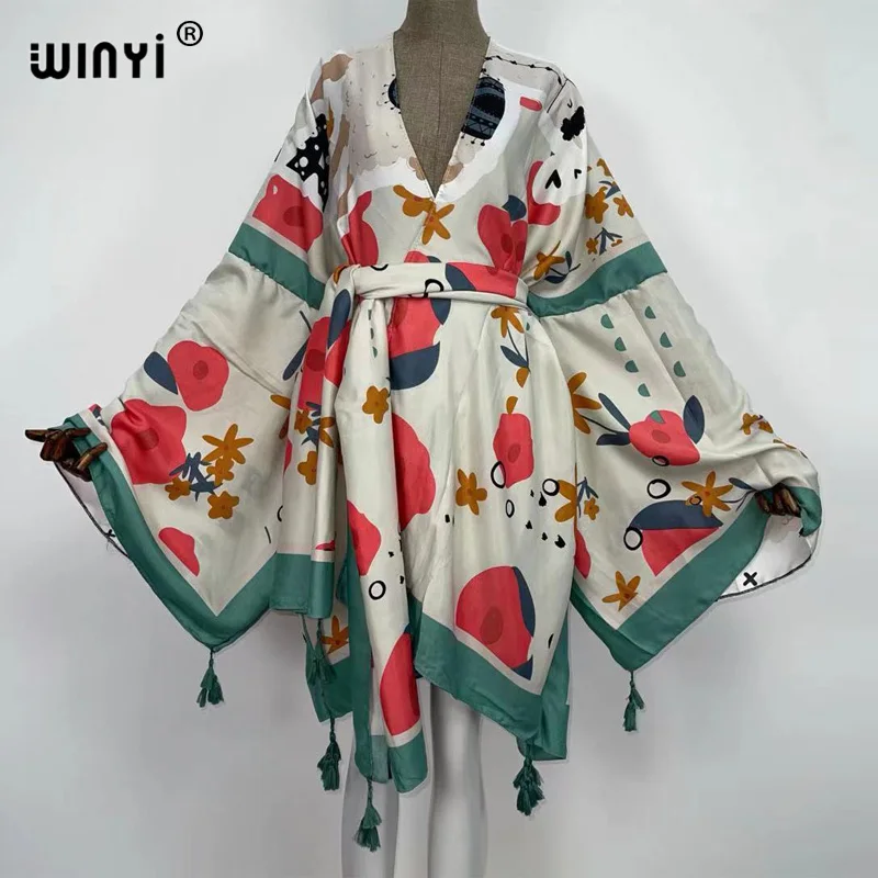 Robe Kimono pour femmes, Kaftan, Bikini, cover-up, vêtements américains pour femmes, manteau africain imprimé Floral, devant ouvert, Robe musulmane