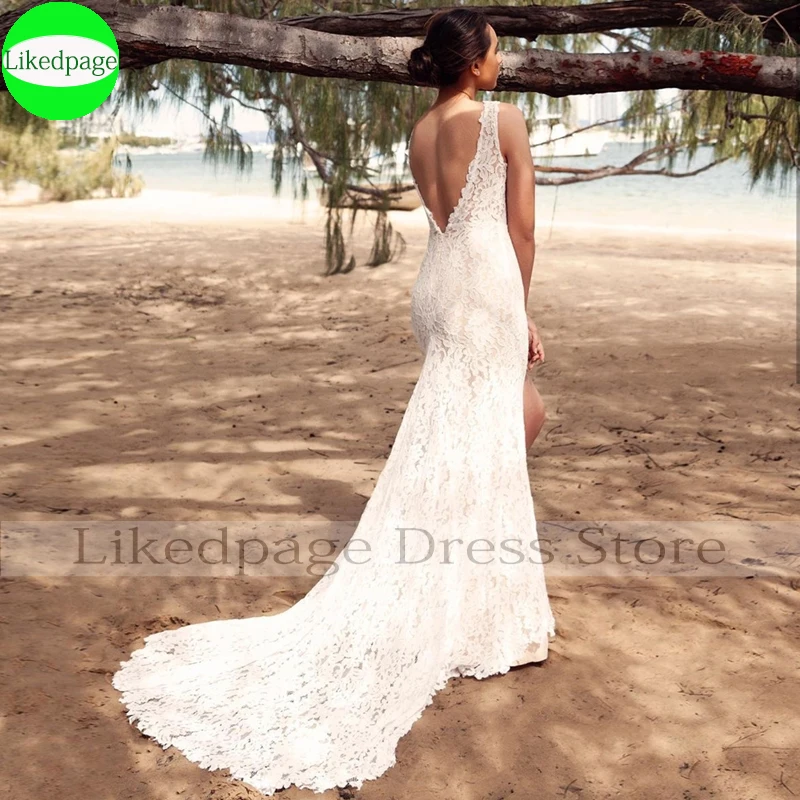 Mermaid งานแต่งงานเซ็กซี่ Vestidos De Novia Beach Deep V คอด้านข้างแยกลูกไม้ Appliques Backless Gorgeous Boda ชุดเจ้าสาว2021