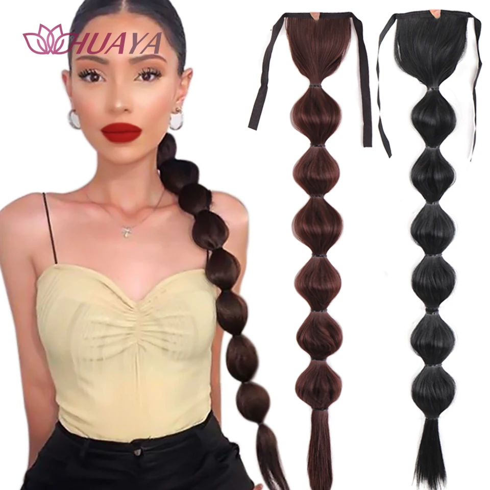 HUAYA Drawstring Long Straight Ponytail Clip In Hair Extensions Synthetic Hair Bubble Ponytail Heat Resistant Natural Fake Hair