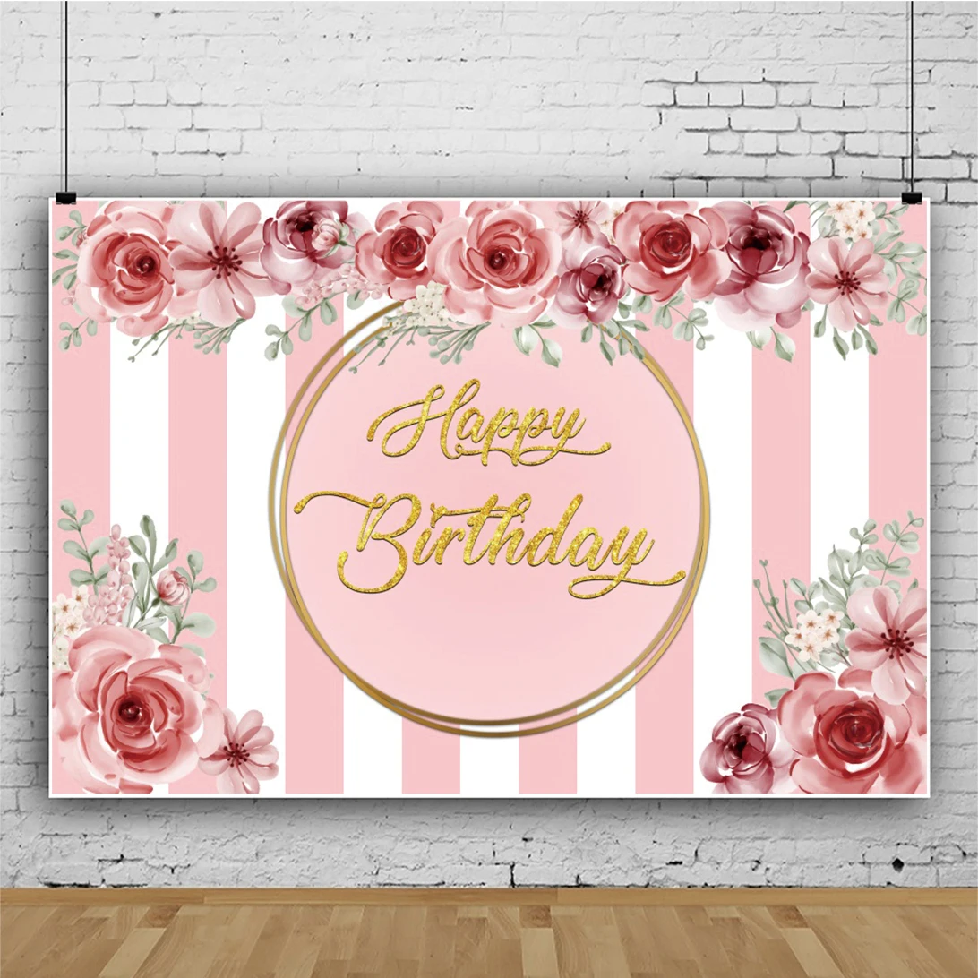 Laeacco Stripes Backdrop For Photography Pink Flower Happy Birthday Party Customized Poster Pattern Photo Background Photostudio